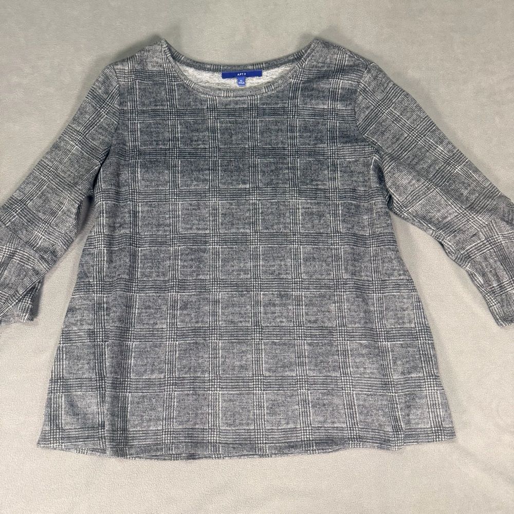 Apt 9 Women's 3/4 Flounce Sleeve Black & Gray Plaid Top/ T-shirt- XL